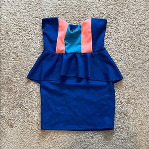 Strapless Blue and Pink Peplum Dress